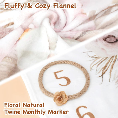 Boho Baby Milestone Monthly Blanket, Spring Floral Neutral Growth Photo Props for Little Boy Girl