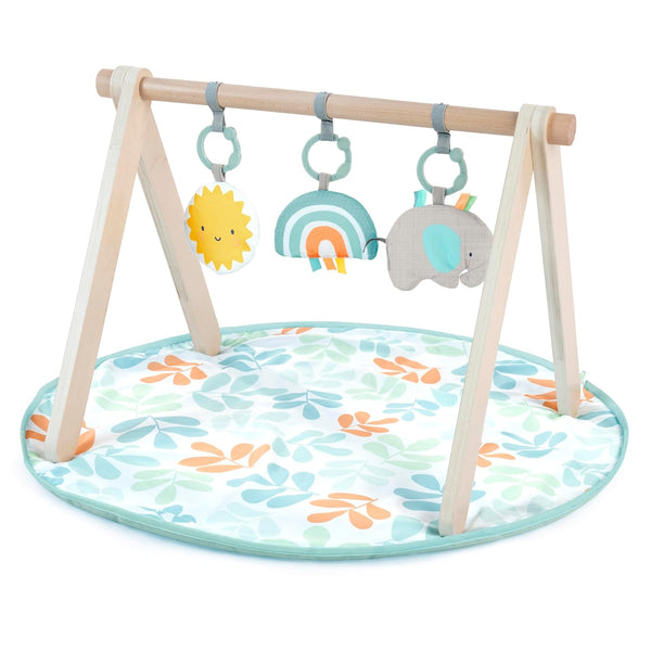 Ingenuity Sun Valley Wooden Baby Play Mat, Foldable A-Frame Bar, Machine-Washable Mat,