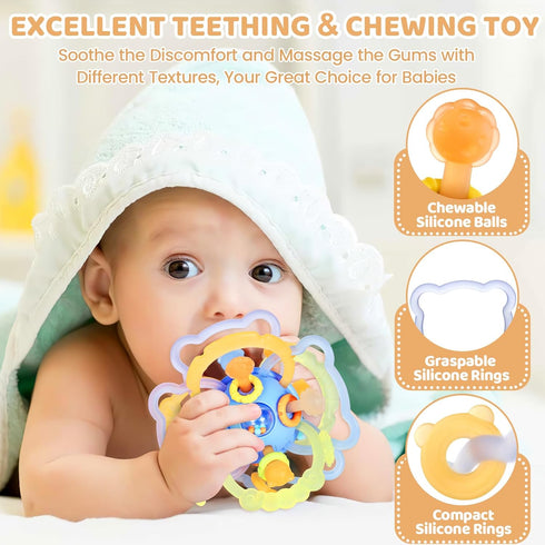 Orzbow Sensory Teething Toys for Babies, Baby Montessori Toys 3-6-12-18 Months, Infant Teethers Relief Chew Toys, Silicone Baby Rattle Toys - Early Development Toy for Toddlers, BPA Free, Blue