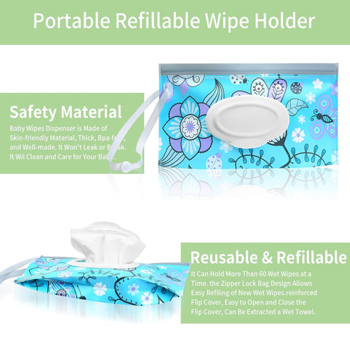 Baby Wipes Dispenser, 2 Pcs Travel Holder, Refillable Wet Wipe Pouch, Reusable Container, Portable Dispenser, Blue