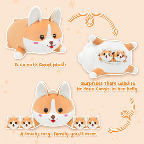 17" Mommy 4 Set, Corgi Plush, Soft Stuffed Animal Dog Pillow Toy, Corgi with Baby Puppy Family Cute Birthday Gift