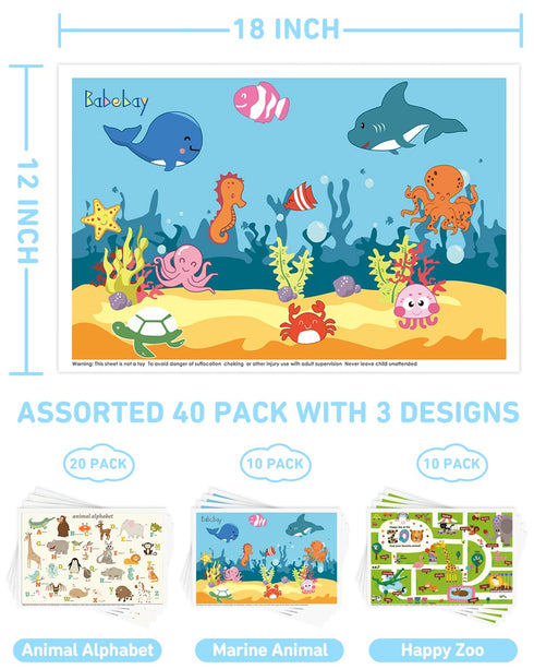 40 Pack 12" 18" 3 Babebay Disposable Placemats for Baby, Sticky Toddler Placemat for Restaurants, Dining Table, Party