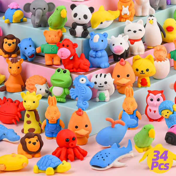 Kaemi 34Pcs Animal Erasers for Kids, 3D Puzzle Desk Pets, Take Apart Toys for Party Favors