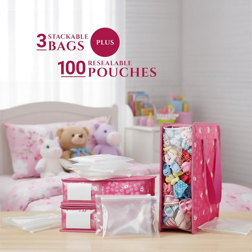 3 100 Primo Lines Doll Clothes & Accessories Storage Organizer Pink Stackable Bags with Adjustable Dividers, Resealable
