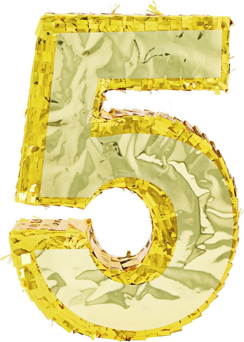 Gold Foil Number 5 Pinata for 5th Birthday Party Decorations, Centerpieces, Anniversary Celebrations (Small, 15.5 x