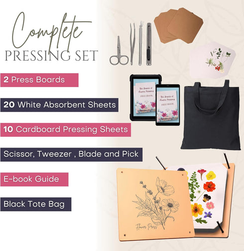 10 Wooden Flower Press - Durable Bolt Lock Design Complete Pressing Kit w/White Absorbent Sheets, Ebook Guide & More