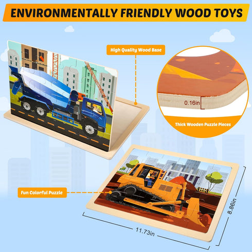 Wooden Vehicle Puzzles for Kids Age 3-5 - 4 Pack 24 Pcs Montessori Toddler Jigsaw Puzzles for Learning Activities