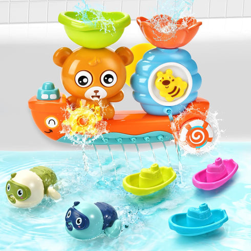 Baby Bath Toys for Toddlers 1-3, Bear Kids Bath Tub Toys with 2 Turtle Swimming Toys & 3 Floating Boat Gifts