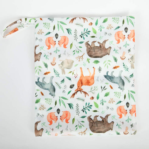 Baby Wet Dry Bag Reusable Cloth Diaper Nappy with Two Zippered Pockets (Watercolour Animals)