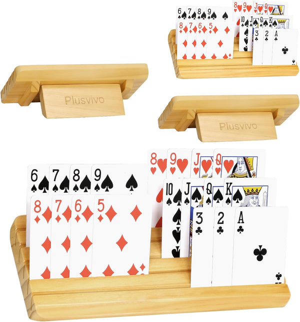 Card Holders for Playing Cards with Adjustable Stand, Set of 4, Wooden Organizer for Canasta Hand and Foot