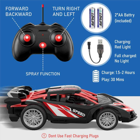 SwordRain 1/18 4-7 8-12(Black RC Car for Kids with Rechargeable Battery, LED Lights & Spray - Remote Control Car