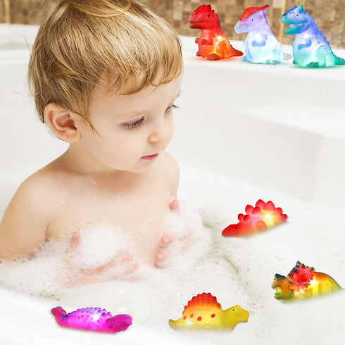 8 Pack Light Up No Hole Dinosaur Bath Toy Set, Color Changing Floating Dino Pool Toy for Baby Toddler Kids