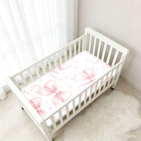 CZXW 52" 28" Bows Watercolor Pink Crib Sheets Fitted x Natural Cotton Soft & Breathable for Baby Crib Mattress