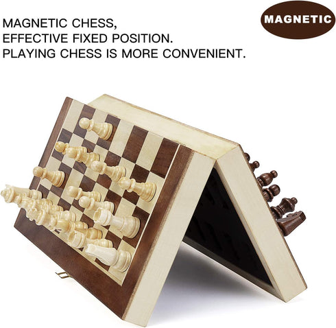 AMEROUS 12" x 12" Magnetic Wooden Chess Set - Kids Age 6+, 2 Bonus Extra Queens, Folding Board with Storage Slots