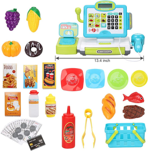 3 4 5 6 7 8 FS Pretend Play Cash Register Toys with Scanner, Calculator, Large Drawer, Microphone, Play Food