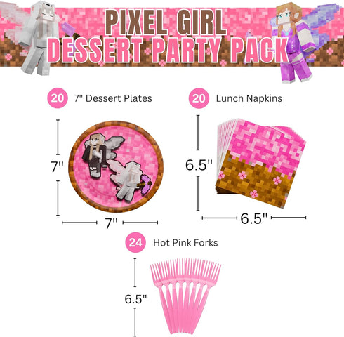 Pixel Girl Value Party Supplies (64 pieces for 20 Guests) - Girl Video Game Party Supplies, Video Game Birthday Decorations for girls, Mining Craft Party, Pixel Miner Party, Video Game Birthday Party