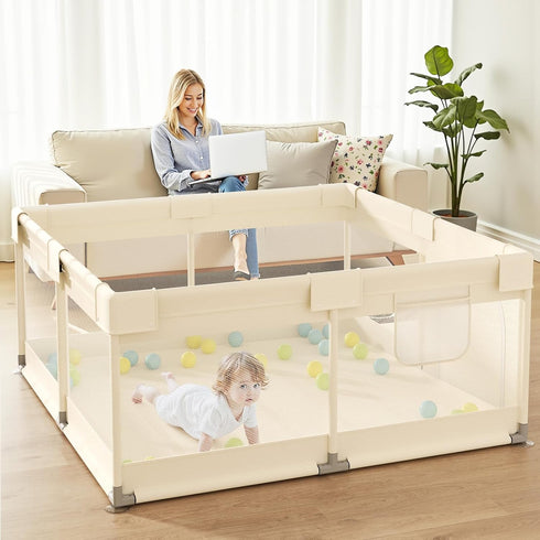 47x47in Uanlauo Beige Small Baby Playpen - Playpen for Babies and Toddlers, Safe Indoor Play Pen, Baby Pen with Storage