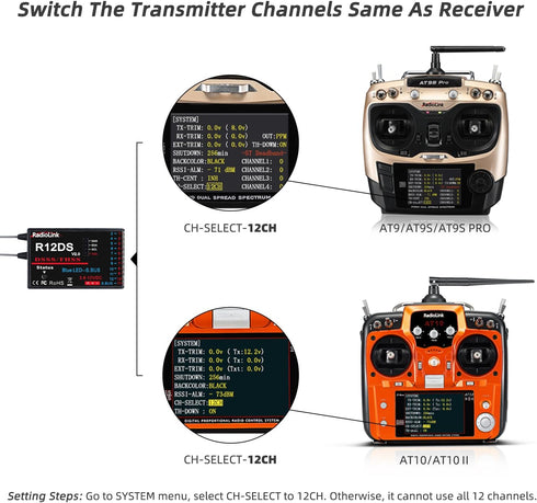 R12DS 2.4GHz 12 AT10II/AT10/AT9S Pro/AT9S/AT9 Radiolink RC Receiver Channels SBUS/PWM Long Range Control for Airplane