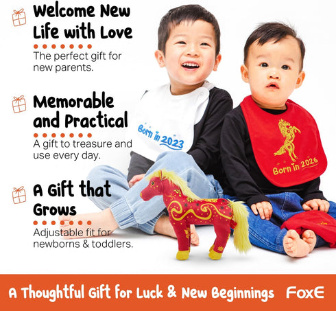 Set 2026 Set 100% 0-24 FoxE Year of the Horse Gift Born in - Bib, Beanie & Plush Toy Gift - with Chinese New Year Red