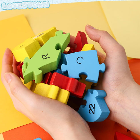 LovesTown Goldfish Wooden Puzzle - 26PCS Jigsaw Puzzle Alphabet and Number Building Blocks for Kids