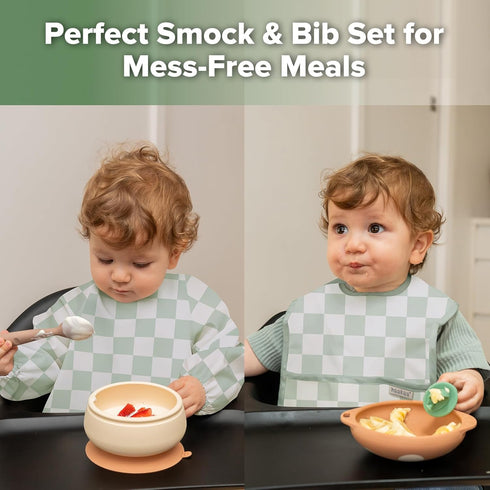 2 Pack 6-24M haakaa Baby Smock Bib (Long Sleeve + Short Sleeve), Waterproof + Easy Clean Toddler Feeding Bib