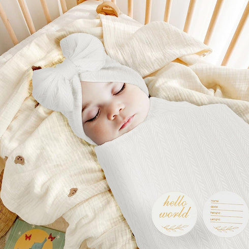 Muslin Blanket - Baby Swaddle Set with Newborn Essentials, Soft Stretchy Blankets for Girls and Boys (White)