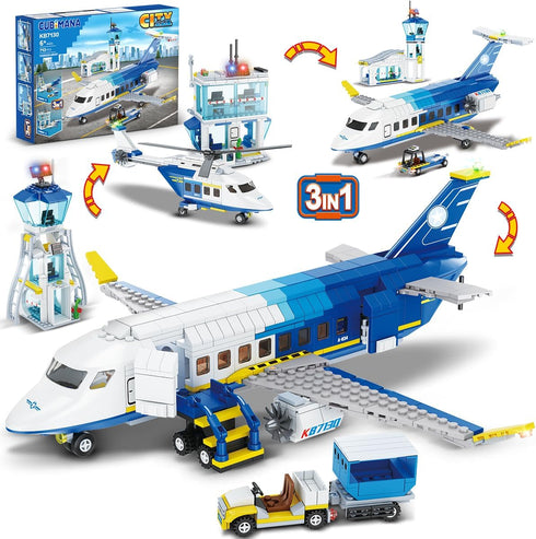 City Passenger Airplane Building Set, 711 PCS 3 IN 1 Plane Blocks Kit with Airport Terminal, Radar Tower, Luggage Truck
