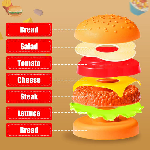 Plastic Burgers Sandwich Pretend Play Food Toy Set for Kitchen, Fake Food Playset for Preschool Kitchen Sets,