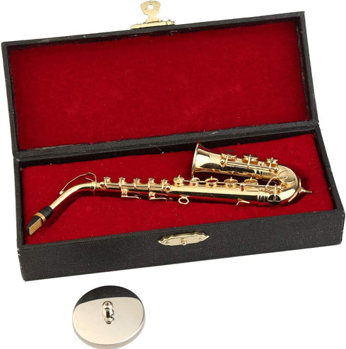 Dselvgvu 6.22"x3.07"x1.12") Miniature Saxophone with Stand and Case Brass Mini Musical Instrument Replica Collectible