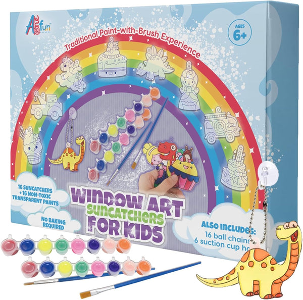 Window Art Kit for Kids - Stained Glass Kits Includes 16 Suncatchers, 16 Ball Keychains, 2 Paint Brushes
