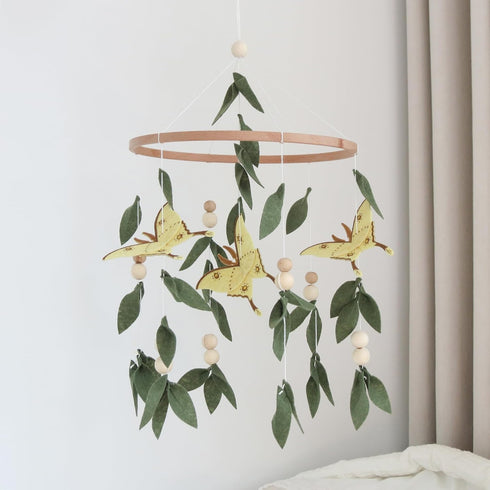 Goukurlsma Forest Crib Mobile for Girls Boys, Yellow Butterfly & Green Leaves Baby Mobile for Crib, Butterfly Mobile