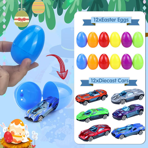 12Pack OCHIDO Easter Eggs Filled with Die-Cast Cars, Prefilled Easter Eggs with Toys Inside for Kids Easter Basket