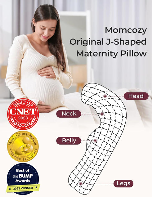 Momcozy J-Shaped Pregnancy Pillow for Sleeping with Cooling Cover Maternity Body Pillow for Pregnant Women, Side