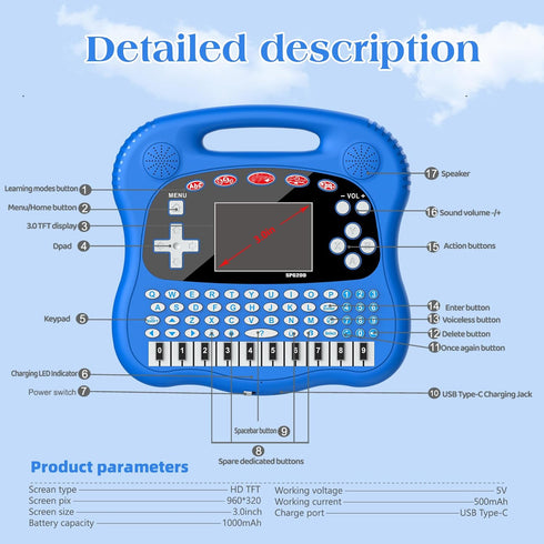 Interactive Early Learning Tablet, Educational Toys for Ages 2+, ABC's, Words, Shapes, Music, Blue