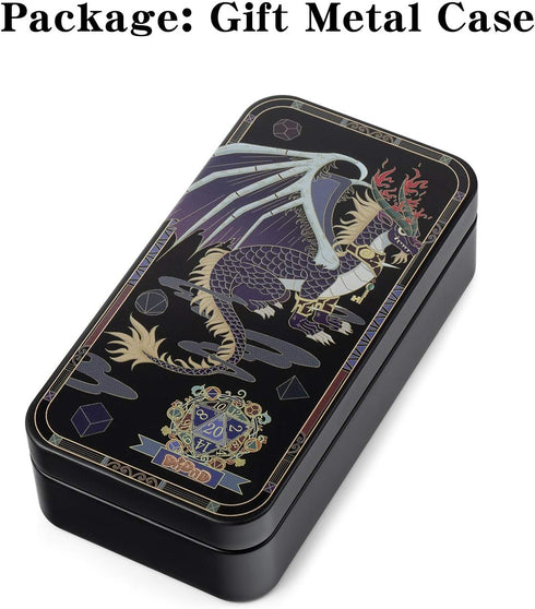 Purple Metal Dice Set D&D - 7 Die Enamel Polyhedral Dice Set with Metal Tin for Role Playing Game