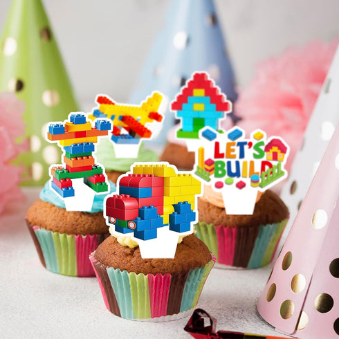 CoquetteBow012 24-Piece Building Block Brick Themed Birthday Party Cupcake Toppers Decorations for Party Supplies