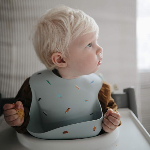 mushie Silicone Baby Bib, Adjustable Fit Waterproof Bibs (Retro Cars Design)