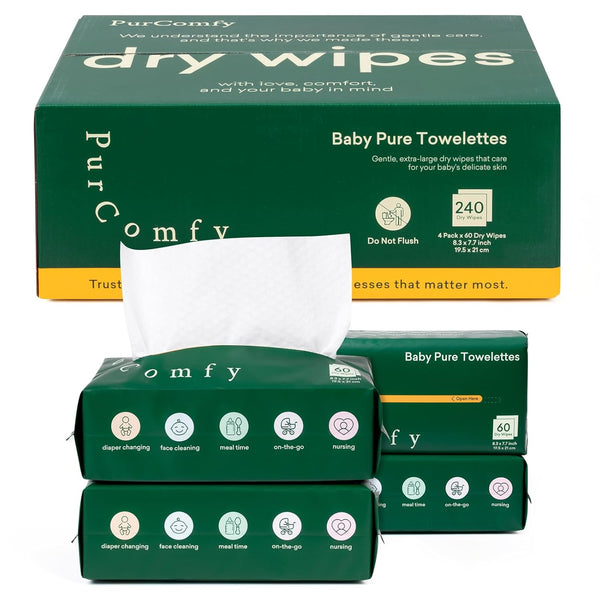PurComfy Baby Dry Wipes for Newborn, 4 Pack Plant-Based & Hypoallergenic Disposable