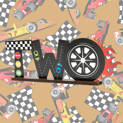 OSNIE Race Car Two Letter Sign Wooden Table Centerpiece, Let’s Go Racing Checkered Theme 2nd Party Supplies Decoration
