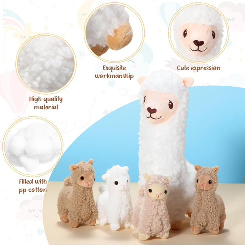 Llama Stuffed Animals Plush Set with 4 Baby Llamas, Cute Alpaca Soft Pillow Dolls for Kids Girls Birthday Gifts