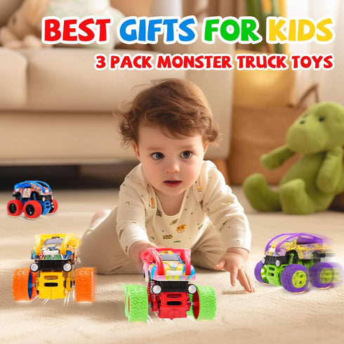 3 4 5 6 7 Old,4 Pack Set,Birthday Monster Truck for Boys Year Push and Go Friction Powered Car Toys, Double-Directions