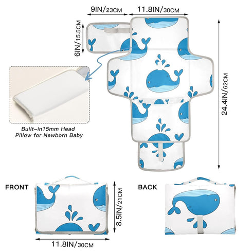 WELLDAY Cute Blue Whales Portable Diaper Changing Pad - Waterproof Foldable Baby Diaper Changing Pad with Built