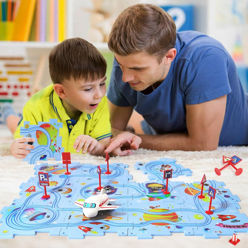 Plastic Floor Puzzles for Kids with Airplane Toy Car, Educational Track Car Play Set for Ages 2-6