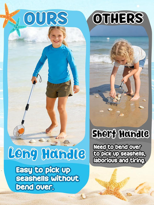 1 Pack 21.6"~33" Sand Sifter with Seashell Bag- Adjustable Shark Tooth Sifter & Sea Shell Bags for Beach Seashell