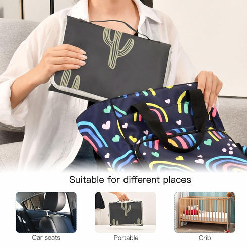 WELLDAY Black Cactus Portable Diaper Changing Pad - Waterproof Foldable Baby Diaper Changing Pad with Built-in Pillow