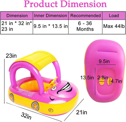 iGeeKid Inflatable Baby Pool Float with Canopy, Safe Seat for Infant Swim Float Rings (Pink)