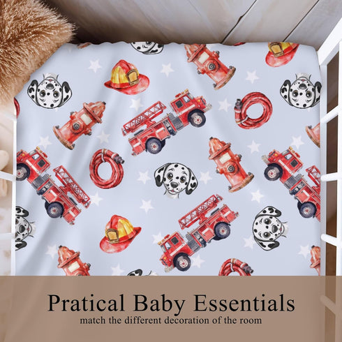 Wicbfdfv 28x52 Inch Cute Firetruck Dog Fireman Hat Baby Crib Sheets for Boy Girl Trucks Rescue Car Puppy Dogs Stars