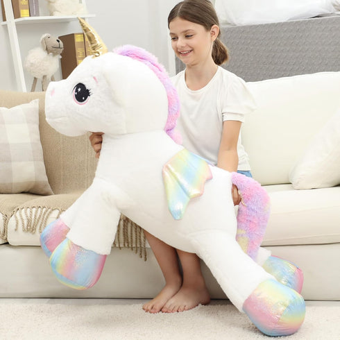 44 Inch Giant Unicorn Stuffed Animal Pillow, Cute Soft Big Plush Toy with Rainbow Wings, Gift for Kids