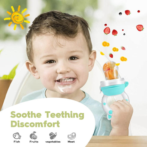 Baby Fruit Food Feeder Pacifier, 6 Pcs Silicone Teething Toy for 3-24 Months, Blue & Gray Piggy Handle