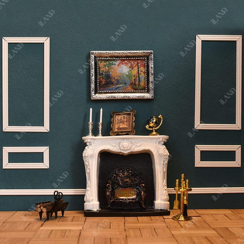 1/12 4pcs) iLAND Dollhouse Furniture and Accessories of Dollhouse Fireplace on Scale w/Fire Light & Fireplace Tools